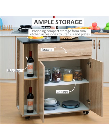 HOMCOM Kitchen Storage Trolley Cart Cupboard Rolling Island Shelves Cabinet With Door and Drawer Locking Wheels