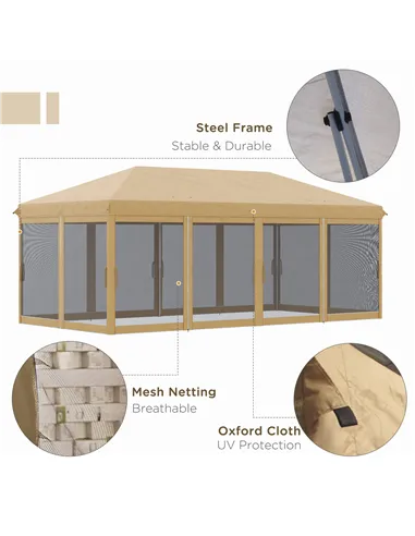 Outsunny 3 x 6m Pop Up Gazebo, Outdoor Canopy Shelter, Marquee Party Wedding Tent with 6 Mesh Walls and Carry Bag, Beige