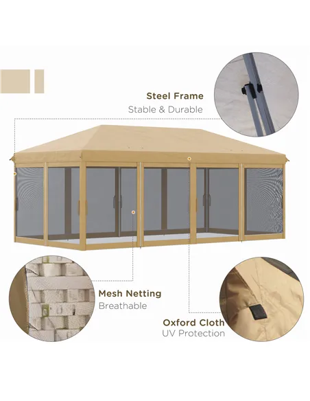 Outsunny 3 x 6m Pop Up Gazebo, Outdoor Canopy Shelter, Marquee Party Wedding Tent with 6 Mesh Walls and Carry Bag, Beige