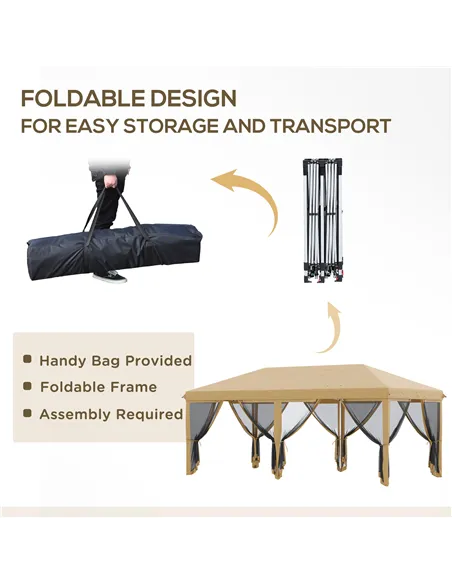Outsunny 3 x 6m Pop Up Gazebo, Outdoor Canopy Shelter, Marquee Party Wedding Tent with 6 Mesh Walls and Carry Bag, Beige