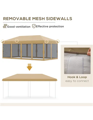 Outsunny 3 x 6m Pop Up Gazebo, Outdoor Canopy Shelter, Marquee Party Wedding Tent with 6 Mesh Walls and Carry Bag, Beige