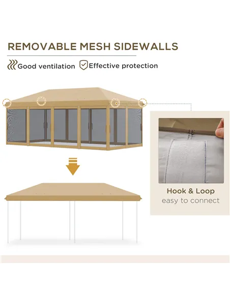 Outsunny 3 x 6m Pop Up Gazebo, Outdoor Canopy Shelter, Marquee Party Wedding Tent with 6 Mesh Walls and Carry Bag, Beige