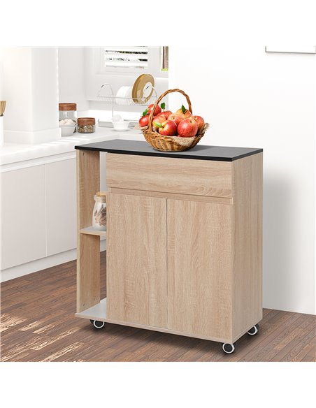 HOMCOM Kitchen Storage Trolley Cart Cupboard Rolling Island Shelves Cabinet With Door and Drawer Locking Wheels