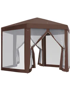 Outsunny Hexagonal Garden Gazebo Patio Party Outdoor Canopy Tent Sun Shelter with Mosquito Netting and Zipped Door, Brown