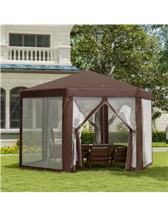 Outsunny Hexagonal Garden Gazebo Patio Party Outdoor Canopy Tent Sun Shelter with Mosquito Netting and Zipped Door, Brown 2
