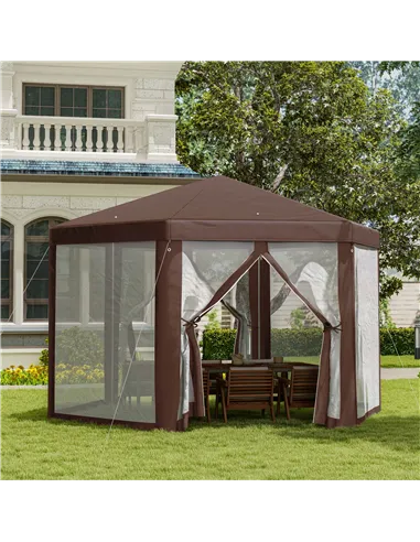 Outsunny Hexagonal Garden Gazebo Patio Party Outdoor Canopy Tent Sun Shelter with Mosquito Netting and Zipped Door, Brown