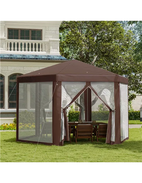 Outsunny Hexagonal Garden Gazebo Patio Party Outdoor Canopy Tent Sun Shelter with Mosquito Netting and Zipped Door, Brown