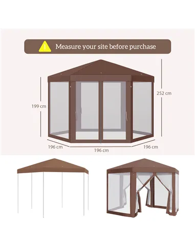 Outsunny Hexagonal Garden Gazebo Patio Party Outdoor Canopy Tent Sun Shelter with Mosquito Netting and Zipped Door, Brown
