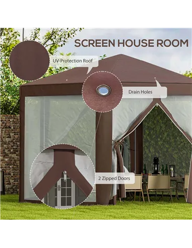 Outsunny Hexagonal Garden Gazebo Patio Party Outdoor Canopy Tent Sun Shelter with Mosquito Netting and Zipped Door, Brown