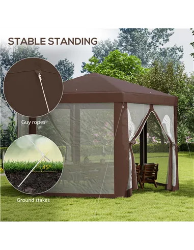 Outsunny Hexagonal Garden Gazebo Patio Party Outdoor Canopy Tent Sun Shelter with Mosquito Netting and Zipped Door, Brown