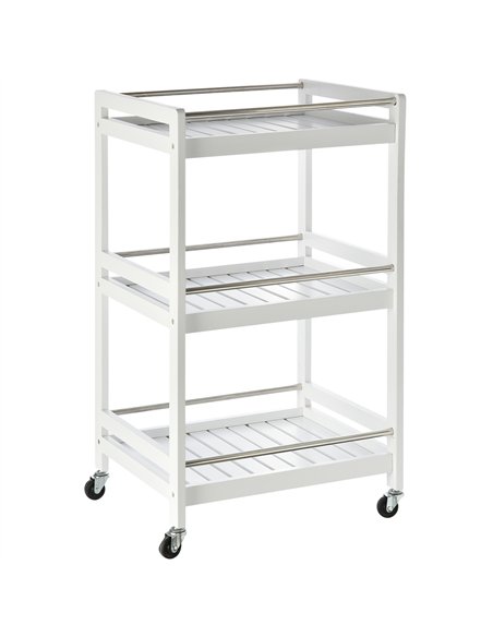 HOMCOM 3-Tier Home Trolley Kitchen Storage Cart w/ Steel Bars 4 Universal Wheels Rolling Unit Organiser Living Room White