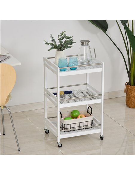 HOMCOM 3-Tier Home Trolley Kitchen Storage Cart w/ Steel Bars 4 Universal Wheels Rolling Unit Organiser Living Room White