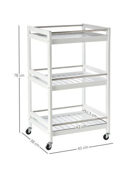 HOMCOM 3-Tier Home Trolley Kitchen Storage Cart w/ Steel Bars 4 Universal Wheels Rolling Unit Organiser Living Room White