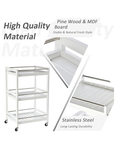 HOMCOM 3-Tier Home Trolley Kitchen Storage Cart w/ Steel Bars 4 Universal Wheels Rolling Unit Organiser Living Room White