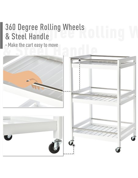 HOMCOM 3-Tier Home Trolley Kitchen Storage Cart w/ Steel Bars 4 Universal Wheels Rolling Unit Organiser Living Room White