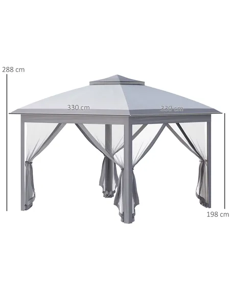 Outsunny 3.3 x 3.3m Pop Up Gazebo, Double Roof Foldable Canopy Tent with Zipped Mesh Sidewalls, Height Adjustable and Carrying B