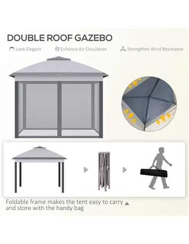 Outsunny 3.3 x 3.3m Pop Up Gazebo, Double Roof Foldable Canopy Tent with Zipped Mesh Sidewalls, Height Adjustable and Carrying B