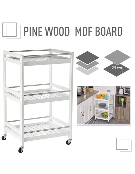 HOMCOM 3-Tier Home Trolley Kitchen Storage Cart w/ Steel Bars 4 Universal Wheels Rolling Unit Organiser Living Room White