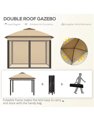 Outsunny 3.3 x 3.3m Pop Up Gazebo, Double Roof Foldable Canopy Tent with Zipped Mesh Sidewalls, Height Adjustable and Carrying B