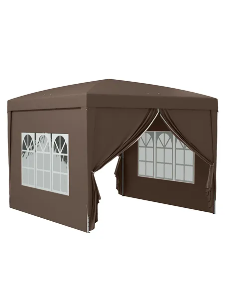 Outsunny 3 x 3 m Pop Up Gazebo, Wedding Party Canopy Tent Marquee with Carry Bag and Windows, Coffee
