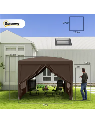 Outsunny 3 x 3 m Pop Up Gazebo, Wedding Party Canopy Tent Marquee with Carry Bag and Windows, Coffee