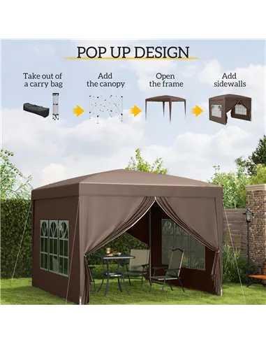 Outsunny 3 x 3 m Pop Up Gazebo, Wedding Party Canopy Tent Marquee with Carry Bag and Windows, Coffee
