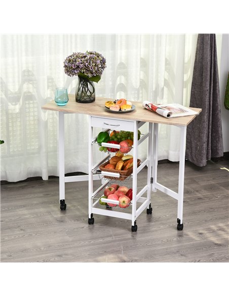 HOMCOM Drop-Leaf Kitchen Cart Trolley w/ 3 Baskets Drawer Surface Top 6 Universal Wheels Rolling Storage Unit Kitchen Home Dinin