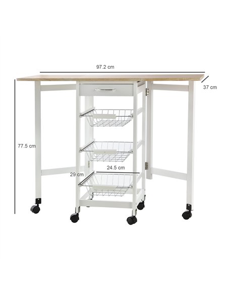 HOMCOM Drop-Leaf Kitchen Cart Trolley w/ 3 Baskets Drawer Surface Top 6 Universal Wheels Rolling Storage Unit Kitchen Home Dinin