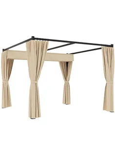 Outsunny 3 x 3(m) Retractable Pergola, Garden Gazebo Shelter with Curtains, for Grill, Patio, Deck, Beige
