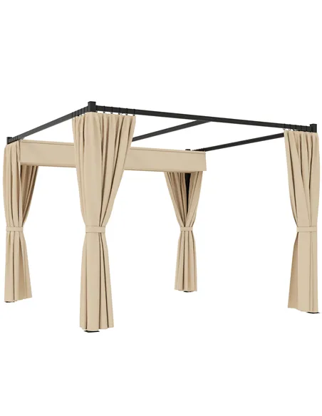 Outsunny 3 x 3(m) Retractable Pergola, Garden Gazebo Shelter with Curtains, for Grill, Patio, Deck, Beige