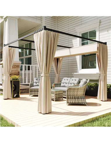 Outsunny 3 x 3(m) Retractable Pergola, Garden Gazebo Shelter with Curtains, for Grill, Patio, Deck, Beige