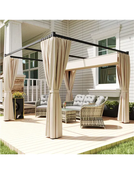 Outsunny 3 x 3(m) Retractable Pergola, Garden Gazebo Shelter with Curtains, for Grill, Patio, Deck, Beige