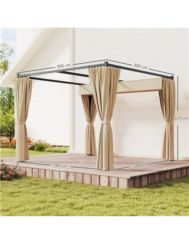 Outsunny 3 x 3(m) Retractable Pergola, Garden Gazebo Shelter with Curtains, for Grill, Patio, Deck, Beige