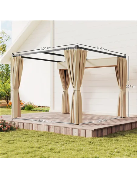 Outsunny 3 x 3(m) Retractable Pergola, Garden Gazebo Shelter with Curtains, for Grill, Patio, Deck, Beige