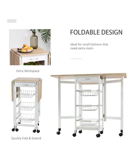 HOMCOM Drop-Leaf Kitchen Cart Trolley w/ 3 Baskets Drawer Surface Top 6 Universal Wheels Rolling Storage Unit Kitchen Home Dinin