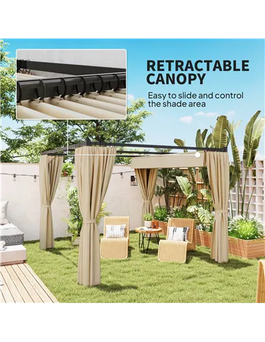 Outsunny 3 x 3(m) Retractable Pergola, Garden Gazebo Shelter with Curtains, for Grill, Patio, Deck, Beige
