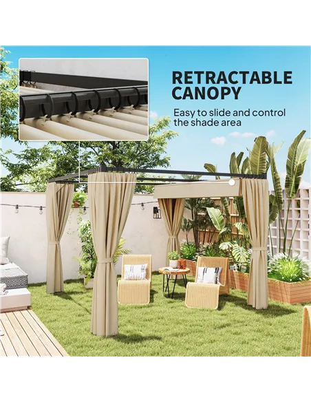 Outsunny 3 x 3(m) Retractable Pergola, Garden Gazebo Shelter with Curtains, for Grill, Patio, Deck, Beige