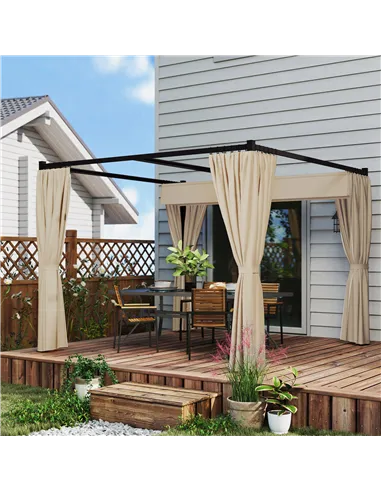Outsunny 3 x 3(m) Retractable Pergola, Garden Gazebo Shelter with Curtains, for Grill, Patio, Deck, Beige