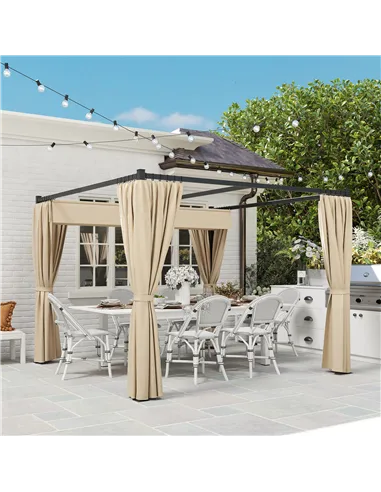 Outsunny 3 x 3(m) Retractable Pergola, Garden Gazebo Shelter with Curtains, for Grill, Patio, Deck, Beige