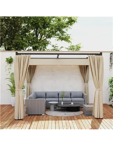 Outsunny 3 x 3(m) Retractable Pergola, Garden Gazebo Shelter with Curtains, for Grill, Patio, Deck, Beige