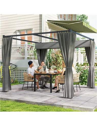 Outsunny 3 x 3m Moving Canopy Metal Pergola, with Curtains - Grey