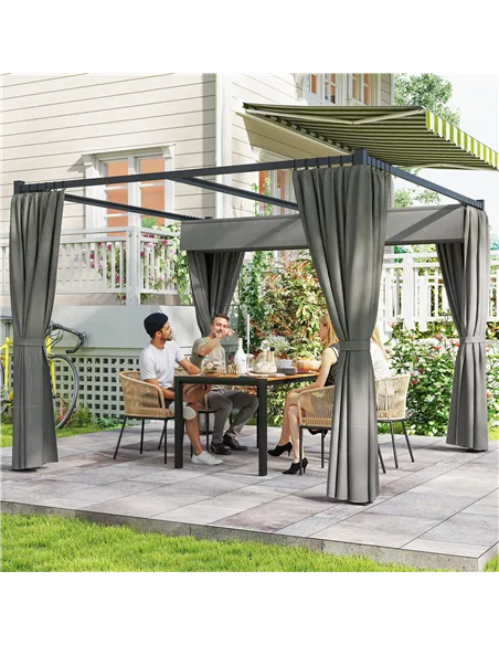 Outsunny 3 x 3m Moving Canopy Metal Pergola, with Curtains - Grey