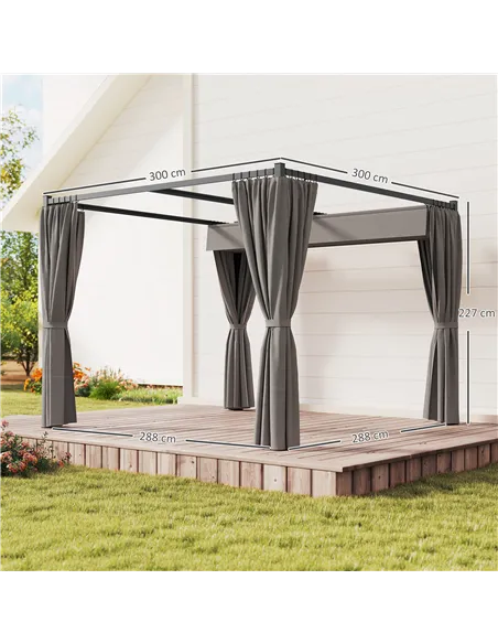 Outsunny 3 x 3m Moving Canopy Metal Pergola, with Curtains - Grey