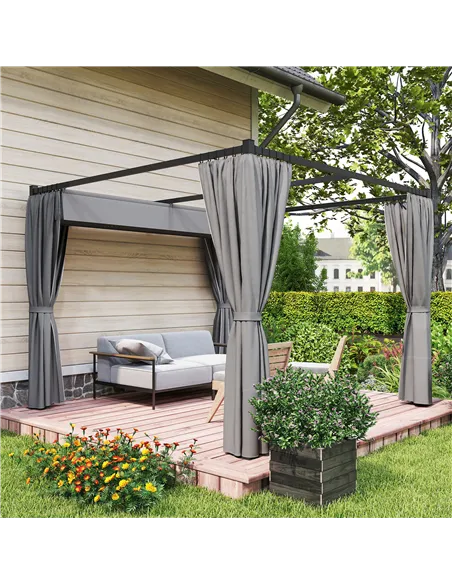 Outsunny 3 x 3m Moving Canopy Metal Pergola, with Curtains - Grey
