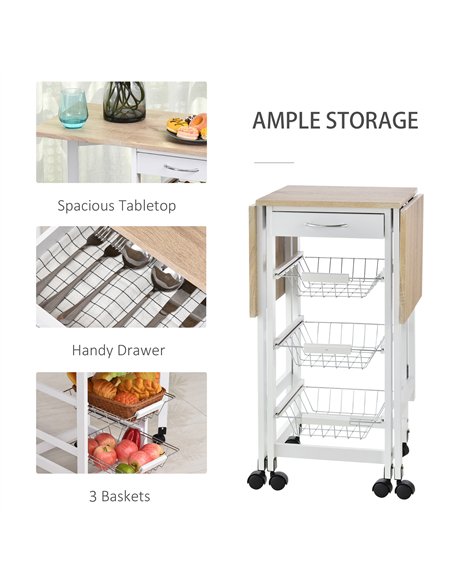 HOMCOM Drop-Leaf Kitchen Cart Trolley w/ 3 Baskets Drawer Surface Top 6 Universal Wheels Rolling Storage Unit Kitchen Home Dinin