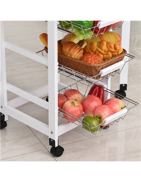 HOMCOM Drop-Leaf Kitchen Cart Trolley w/ 3 Baskets Drawer Surface Top 6 Universal Wheels Rolling Storage Unit Kitchen Home Dinin