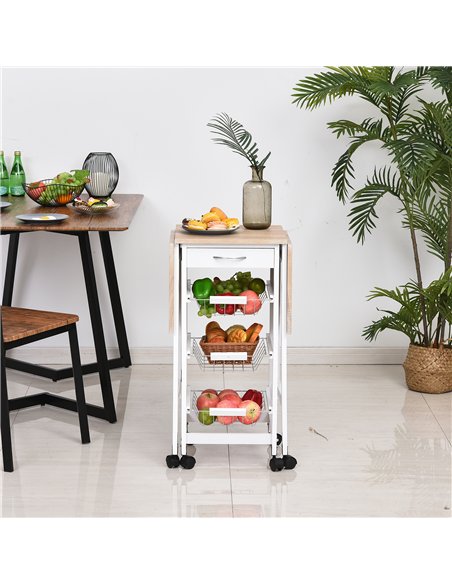 HOMCOM Drop-Leaf Kitchen Cart Trolley w/ 3 Baskets Drawer Surface Top 6 Universal Wheels Rolling Storage Unit Kitchen Home Dinin