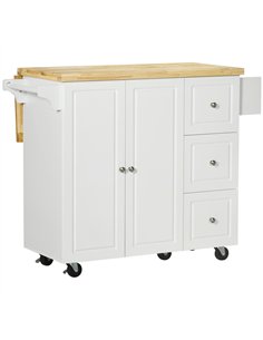HOMCOM Drop-Leaf Kitchen Island on Wheels with Extendable Rubber Wood Worktop, Rolling Kitchen Storage Trolley, Utility Storage 