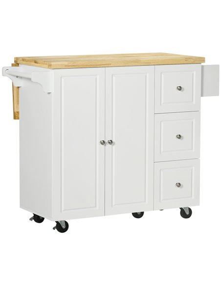 HOMCOM Drop-Leaf Kitchen Island on Wheels with Extendable Rubber Wood Worktop, Rolling Kitchen Storage Trolley, Utility Storage 