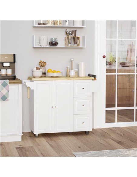 HOMCOM Drop-Leaf Kitchen Island on Wheels with Extendable Rubber Wood Worktop, Rolling Kitchen Storage Trolley, Utility Storage 